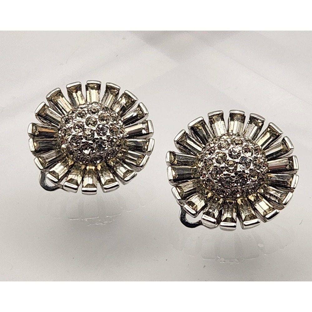 Marcel Boucher 5054 Rhinestone Clip On Earrings Silver Tone Baguette Signed VTG